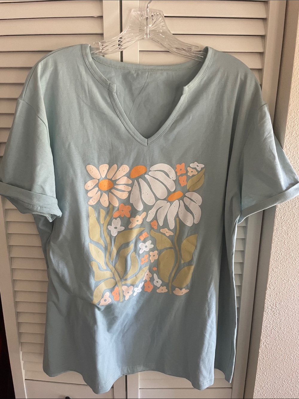 Pastel Blue V-Neck Short Sleeve Tee with Floral Graphic